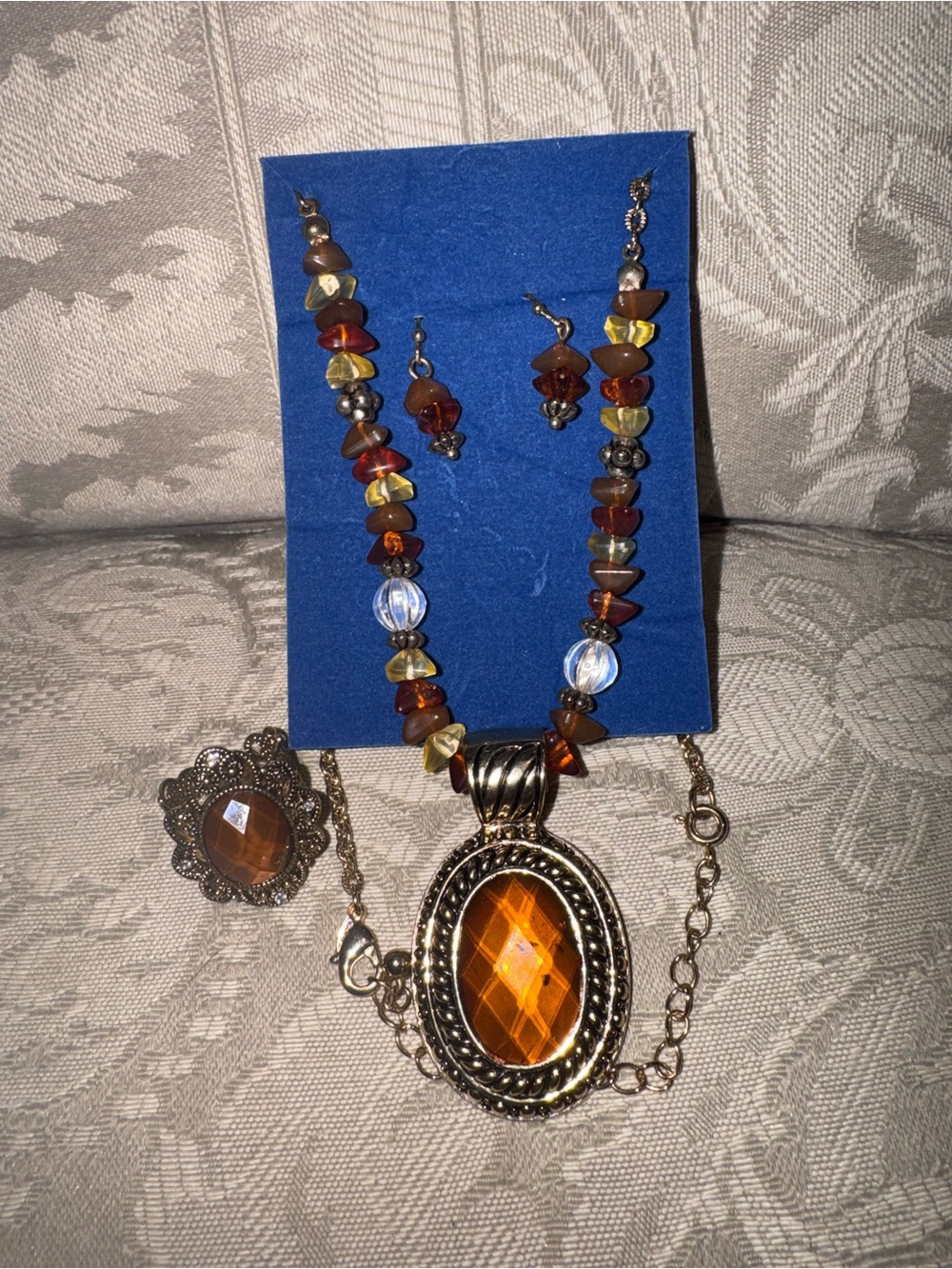 Avon Amber-Tone Beaded Pendant Necklace, Ring, and Earring Set